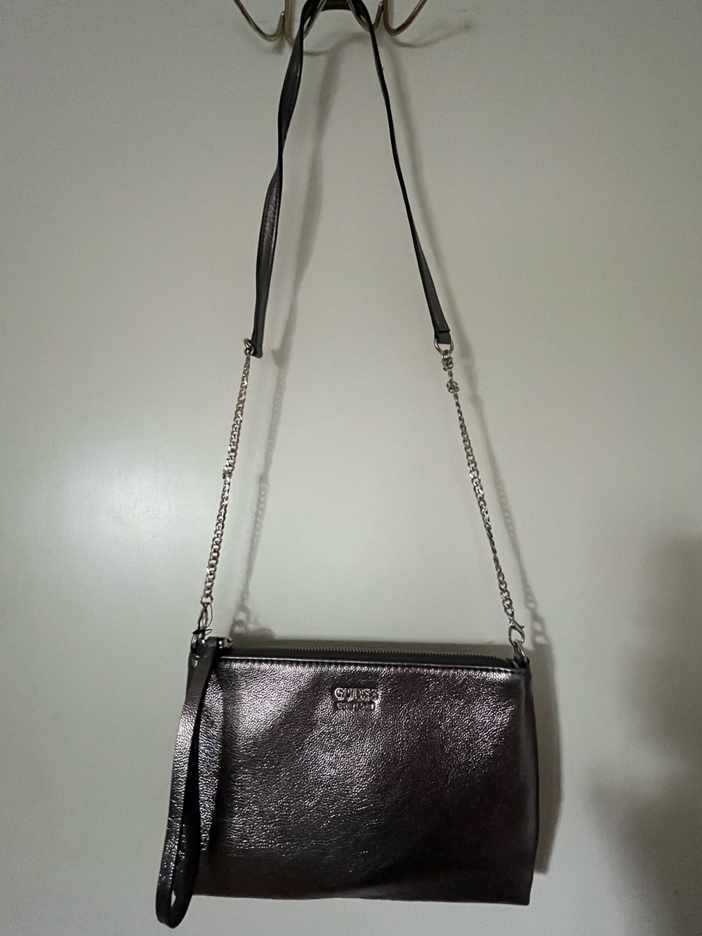 Guess Metallic Pewter Crossbody with Chain and Leather Strap